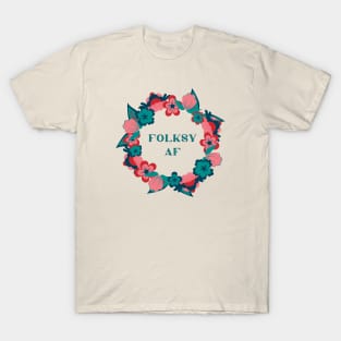 Folksy AF, norwegian folk flowers pink and blue T-Shirt